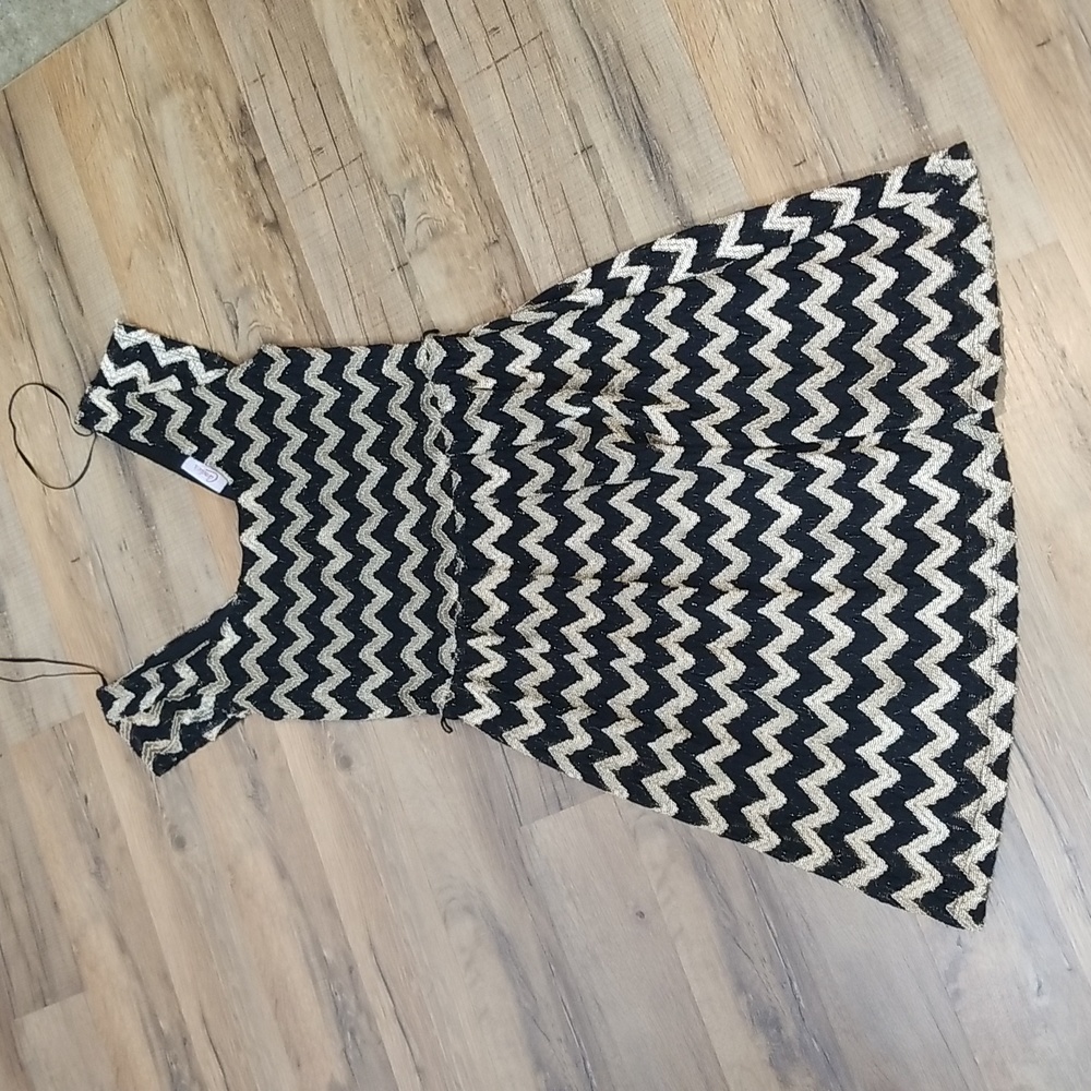 Vtg CANDIE'S Black Tie Black Gold Chevron Capped Sleeve Cocktail Dress